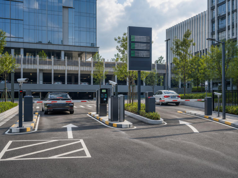 Parking lot management entrance with ANPR cameras, boom barriers and organized entry and exit lanes