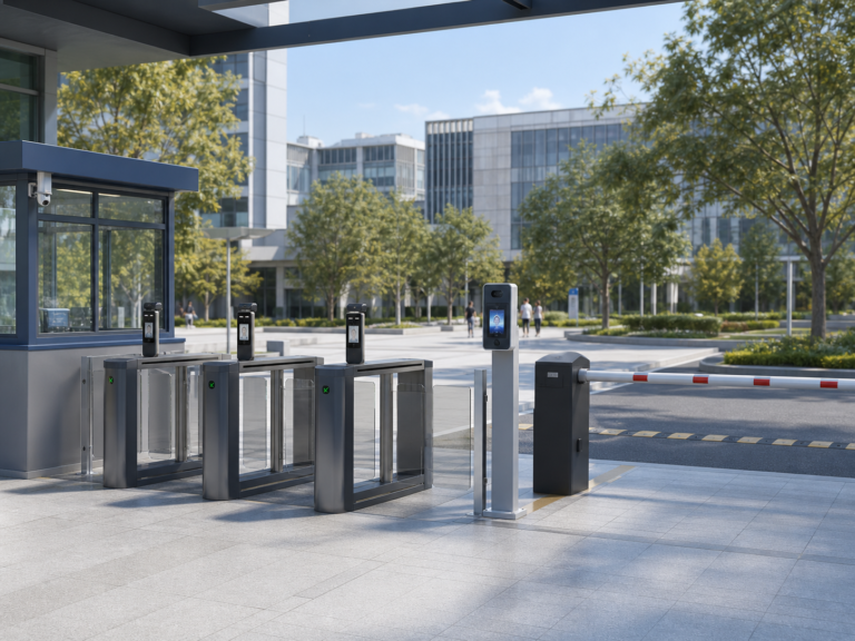 Safe campus entrance with pedestrian turnstiles, face recognition access control and vehicle barrier