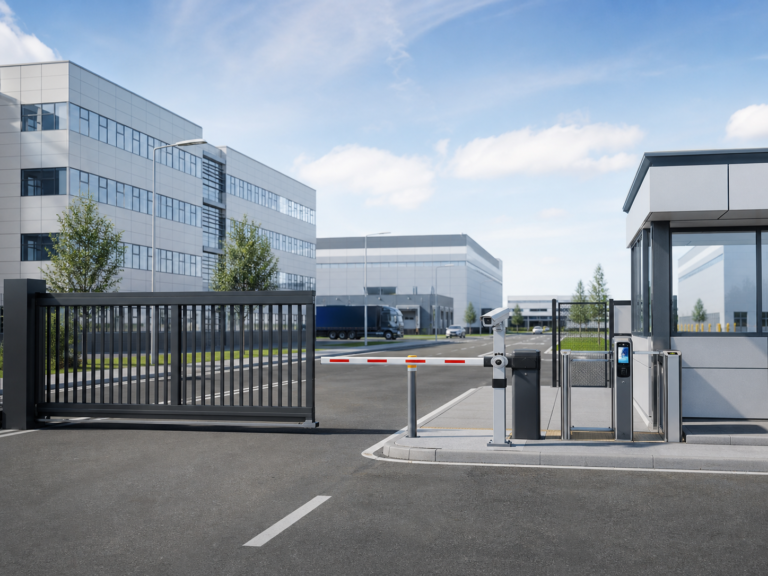 Smart factory entrance with sliding gate, ANPR boom barrier and pedestrian access control