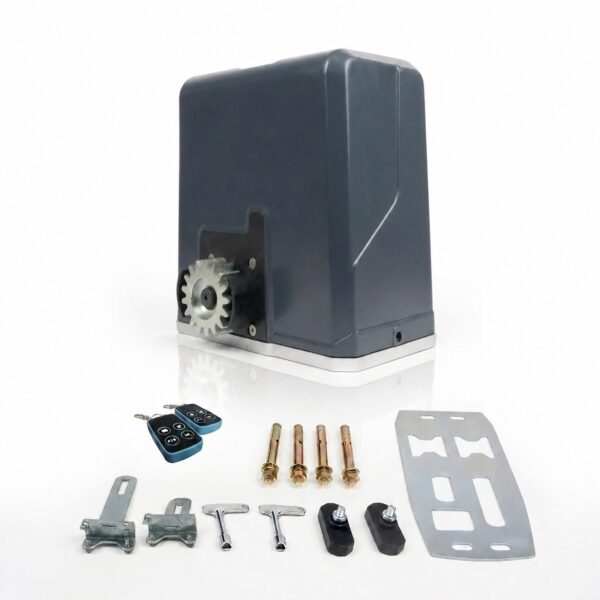 BS-BG800 24V DC sliding gate motor kit with remote controls and mounting accessories