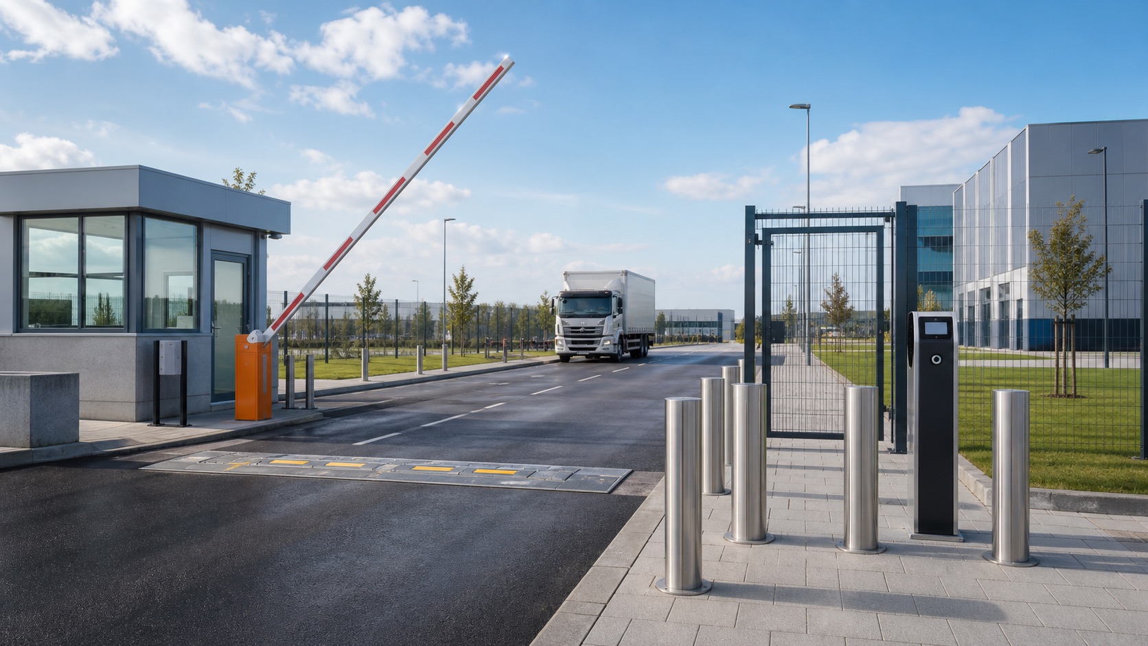 Neutral industrial entrance with barrier gate road blocker and fixed bollards