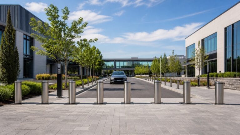 Neutral public-space entrance protected by automatic and fixed bollards