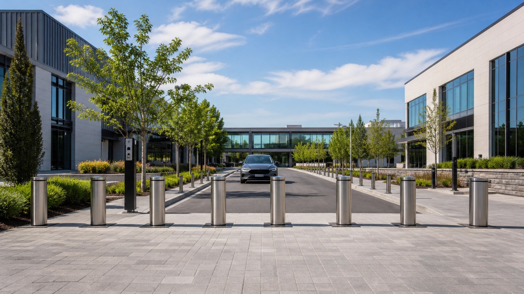 Neutral public-space entrance protected by automatic and fixed bollards